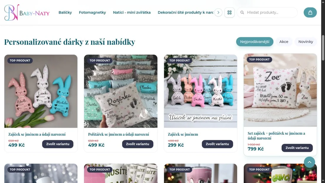 Skutečný e-shop Baby Naty — nabídka personalizovaných dárků