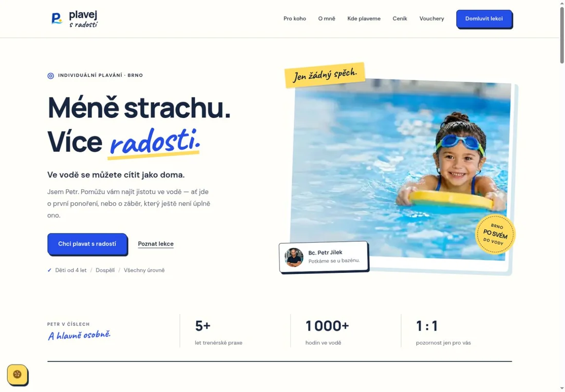 Skutečný web Plavej s radostí — hlavní stránka s nabídkou lekcí plavání